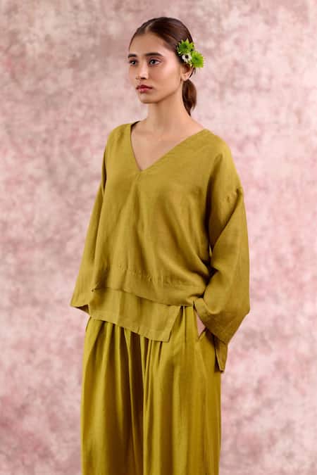 Shop_Doodlage_Green Bemberg, Linen V-neck Top And Pleated Pant Set _Online_at_Aza_Fashions