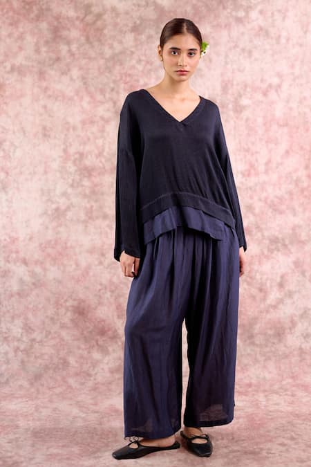 Buy_Doodlage_Navy Bemberg, Silk V-neck Layered Top _Online_at_Aza_Fashions