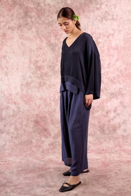 Shop_Doodlage_Navy Bemberg, Silk V-neck Layered Top _Online_at_Aza_Fashions