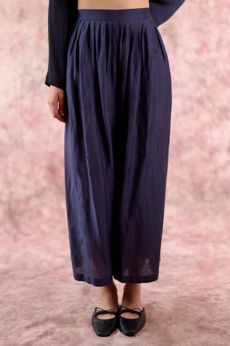 Buy_Doodlage_Navy Bemberg, Silk, Linen, Georgette V-neck Top And Pleated Pant Set _Online_at_Aza_Fashions