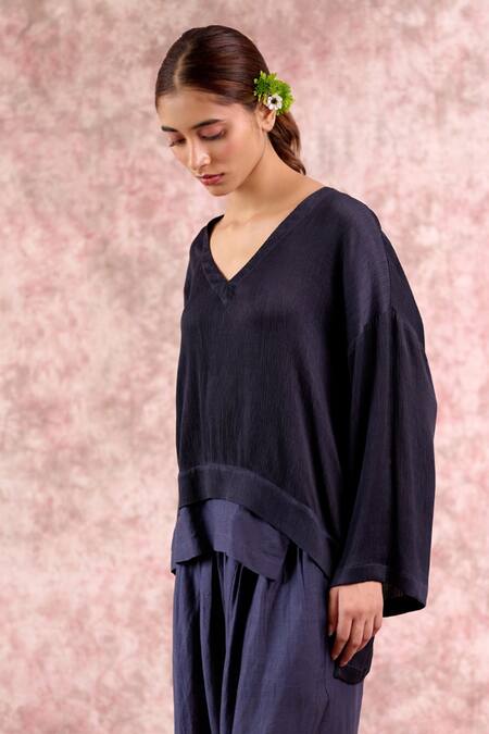 Shop_Doodlage_Navy Bemberg, Silk, Linen, Georgette V-neck Top And Pleated Pant Set _Online_at_Aza_Fashions