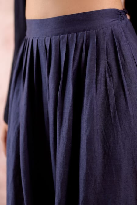 Doodlage_Navy Bemberg, Silk, Linen, Georgette V-neck Top And Pleated Pant Set _at_Aza_Fashions
