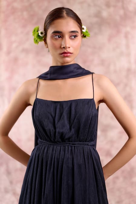 Buy_Doodlage_Navy Bemberg, Silk Square Neck Muga Strappy Tunic _Online_at_Aza_Fashions