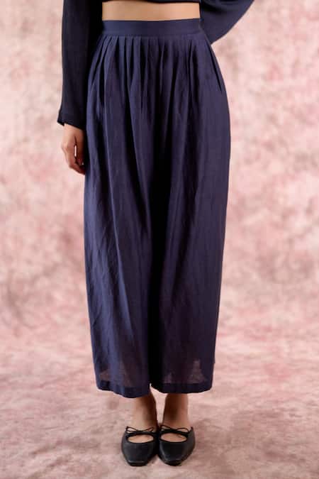Buy_Doodlage_Navy Bemberg, Silk, Linen, Georgette Square Neck Muga Tunic Pant Set _Online_at_Aza_Fashions
