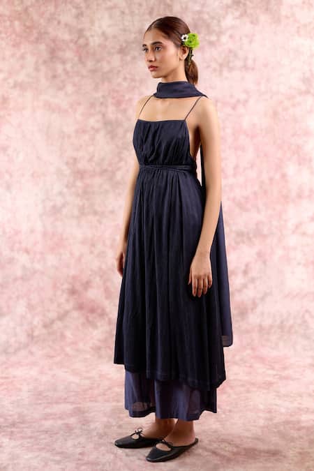 Shop_Doodlage_Navy Bemberg, Silk, Linen, Georgette Square Neck Muga Tunic Pant Set _Online_at_Aza_Fashions