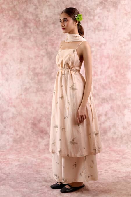 Doodlage_Beige Bemberg, Linen Square Neck Printed Tunic _at_Aza_Fashions