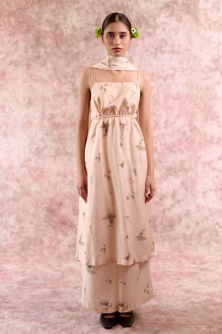 Buy_Doodlage_Beige Bemberg, Linen Square Neck Printed Tunic 