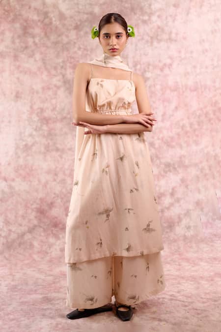 Doodlage_Beige Bemberg, Linen Square Neck Leaf Print Tunic Pant Set _at_Aza_Fashions