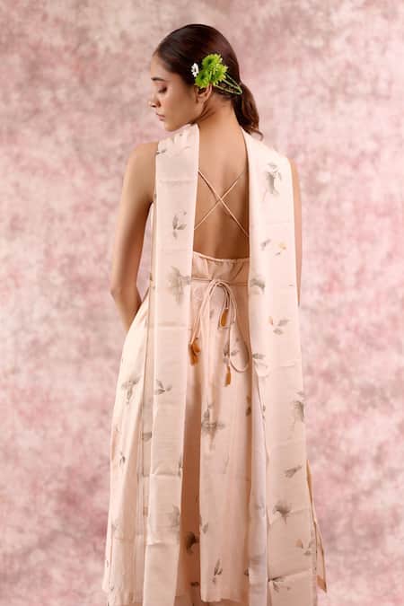 Buy_Doodlage_Beige Bemberg, Linen Square Neck Leaf Print Tunic Pant Set 