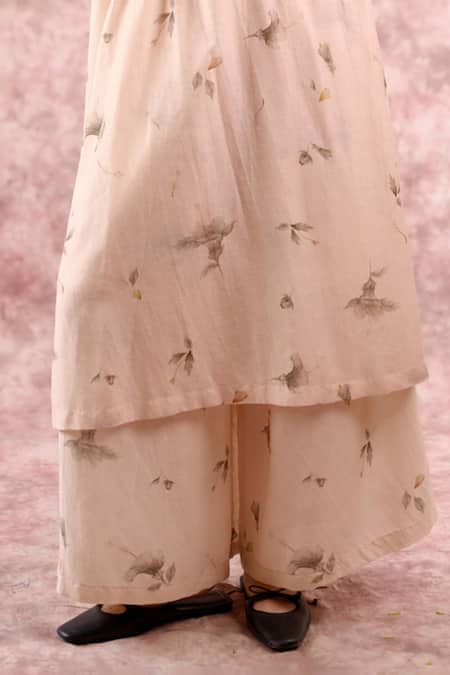 Shop_Doodlage_Beige Bemberg, Linen Square Neck Leaf Print Tunic Pant Set 