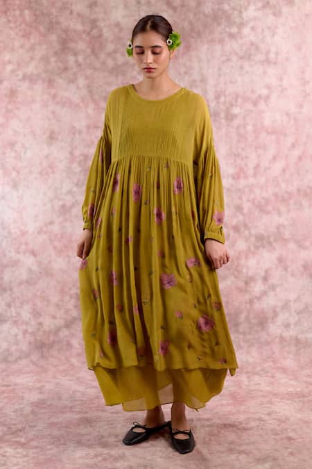 Buy_Doodlage_Green Bemberg, Cotton Embroidery Round Neck Pleated Dress _Online_at_Aza_Fashions
