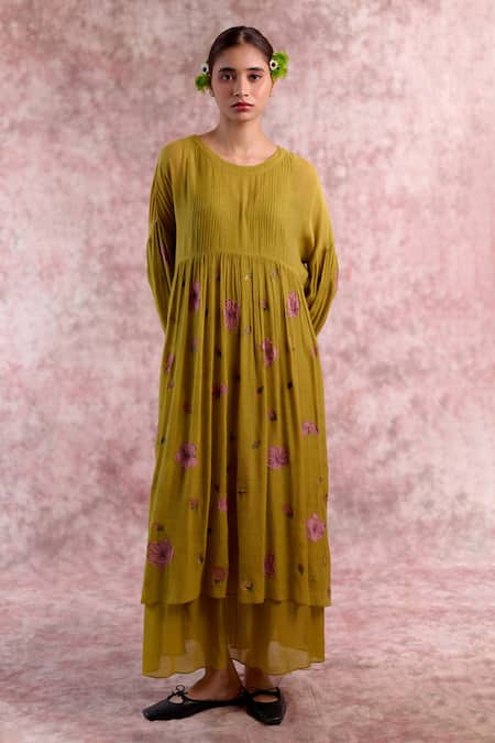 Shop_Doodlage_Green Bemberg, Cotton Embroidery Round Neck Pleated Dress _Online_at_Aza_Fashions
