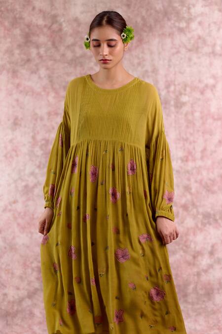 Doodlage_Green Bemberg, Cotton Embroidery Round Neck Pleated Dress _at_Aza_Fashions