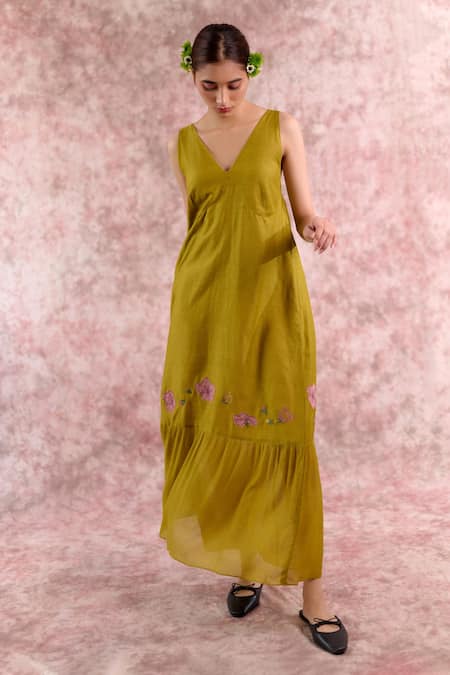 Shop_Doodlage_Green Bemberg, Georgette, Linen Embroidery V-neck Maxi Dress _Online_at_Aza_Fashions