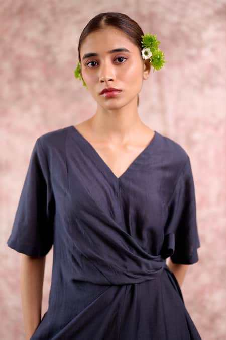 Buy_Doodlage_Navy Bemberg, Georgette, Linen V-neck Wrap Dress _Online_at_Aza_Fashions
