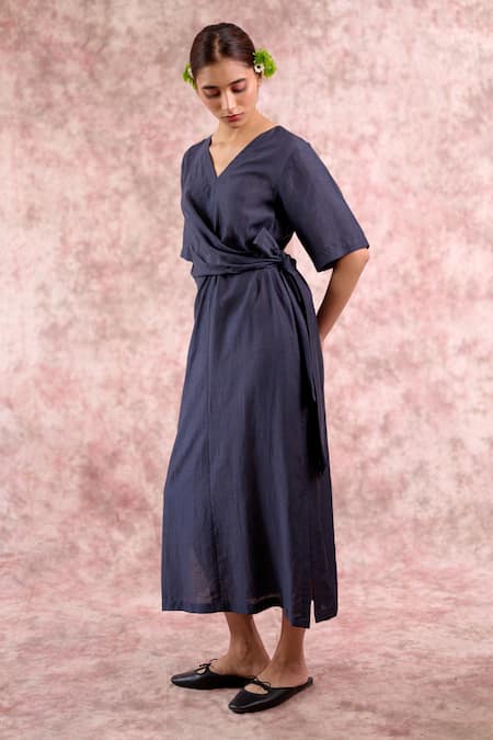 Shop_Doodlage_Navy Bemberg, Georgette, Linen V-neck Wrap Dress _Online_at_Aza_Fashions