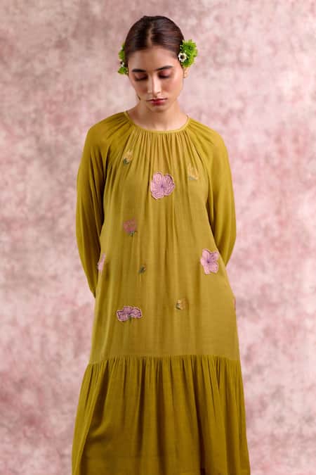 Buy_Doodlage_Olive Green Bemberg, Cotton Embroidery Round Neck Tiered Dress _Online_at_Aza_Fashions