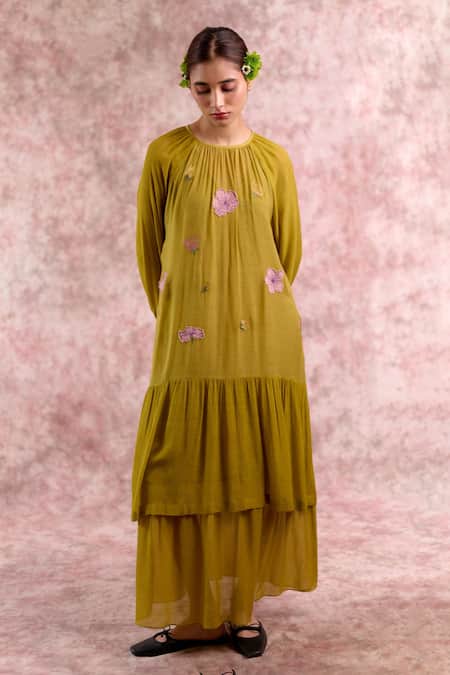 Shop_Doodlage_Olive Green Bemberg, Cotton Embroidery Round Neck Tiered Dress _Online_at_Aza_Fashions