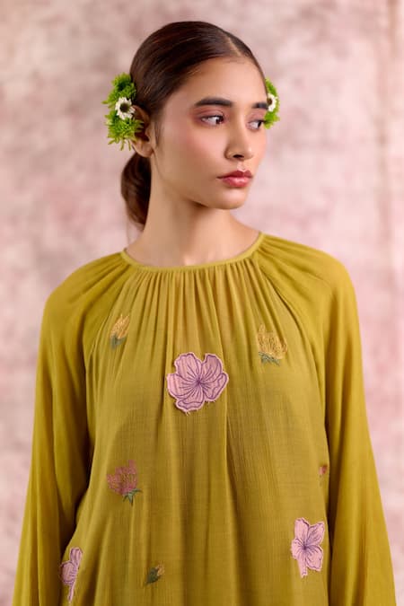 Doodlage_Olive Green Bemberg, Cotton Embroidery Round Neck Tiered Dress _at_Aza_Fashions