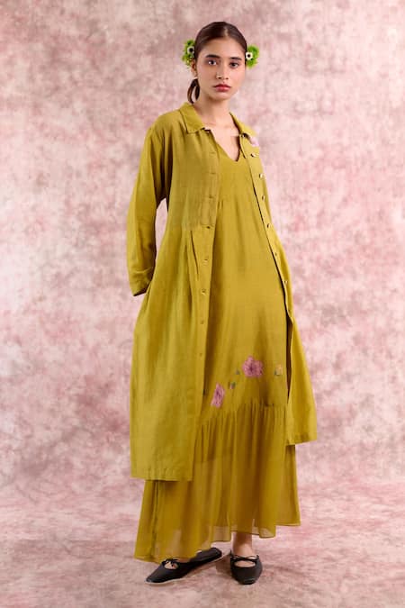 Buy_Doodlage_Green Bemberg, Georgette, Linen Embroidery Collared Floral Shirt Dress _Online_at_Aza_Fashions