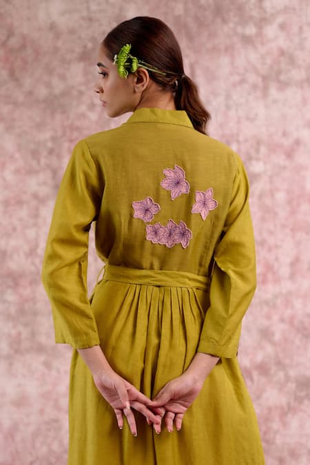 Shop_Doodlage_Green Bemberg, Georgette, Linen Embroidery Collared Floral Shirt Dress _Online_at_Aza_Fashions