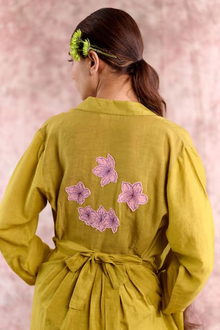 Doodlage_Green Bemberg, Georgette, Linen Embroidery Collared Floral Shirt Dress _at_Aza_Fashions