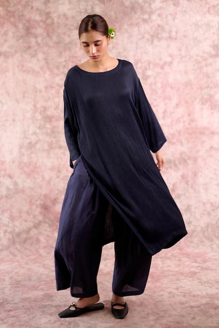 Buy_Doodlage_Navy Bemberg, Silk Round Neck Muga Tunic _Online_at_Aza_Fashions