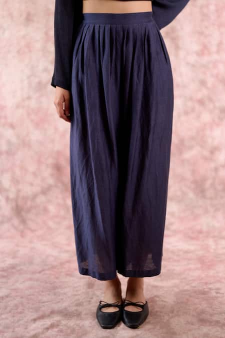 Buy_Doodlage_Navy Bemberg, Georgette, Linen Round Neck Muga Silk Tunic With Pant _Online_at_Aza_Fashions