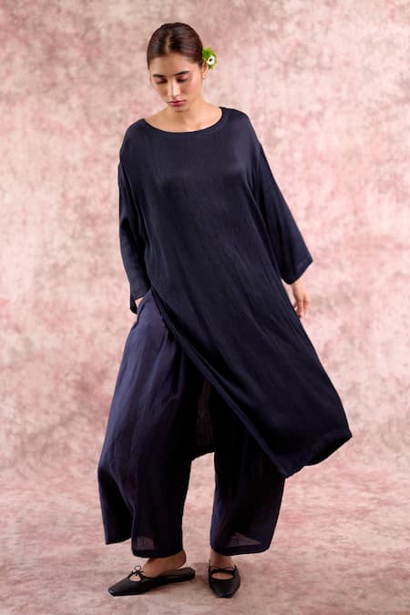 Shop_Doodlage_Navy Bemberg, Georgette, Linen Round Neck Muga Silk Tunic With Pant _Online_at_Aza_Fashions