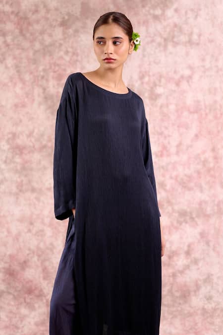Doodlage_Navy Bemberg, Georgette, Linen Round Neck Muga Silk Tunic With Pant _at_Aza_Fashions