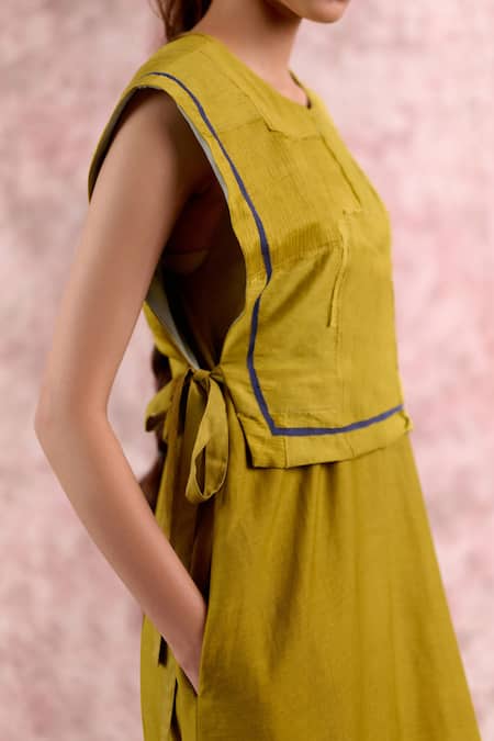 Buy_Doodlage_Green Bemberg, Georgette, Linen Embroidery Round Neck, Split Patchwork Top _Online_at_Aza_Fashions