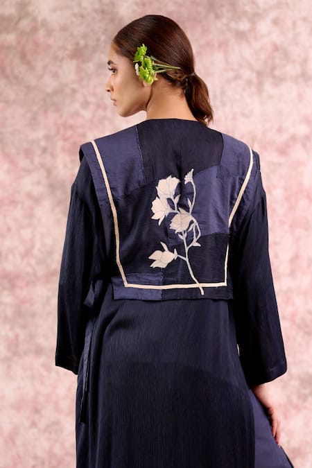 Shop_Doodlage_Navy Bemberg, Silk Embroidery Split V-, Round Muga Kurta _Online_at_Aza_Fashions