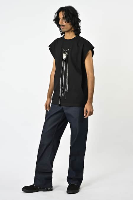 Huemn_Black Cotton, Jersey Embroidery, Beads Fringed Hand Canine T-shirt _Online_at_Aza_Fashions