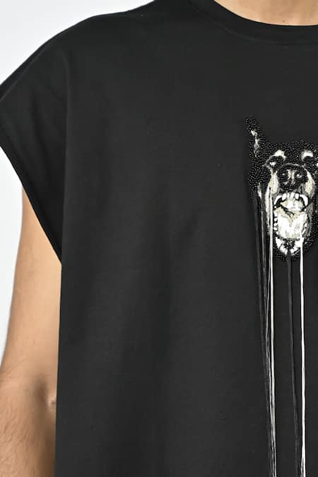 Huemn_Black Cotton, Jersey Embroidery, Beads Fringed Hand Canine T-shirt _at_Aza_Fashions
