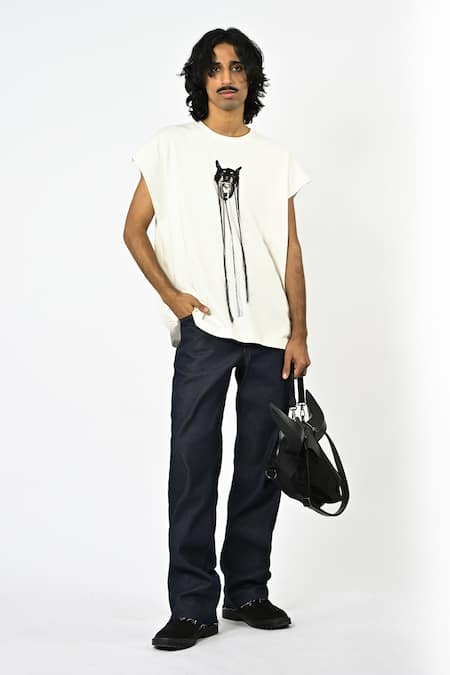 Shop_Huemn_White Cotton, Jersey Embroidery Fringed Hand Canine T-shirt _Online_at_Aza_Fashions
