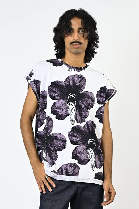 Huemn_White Cotton, Jersey Printed Sleeveless T-shirt _Online_at_Aza_Fashions