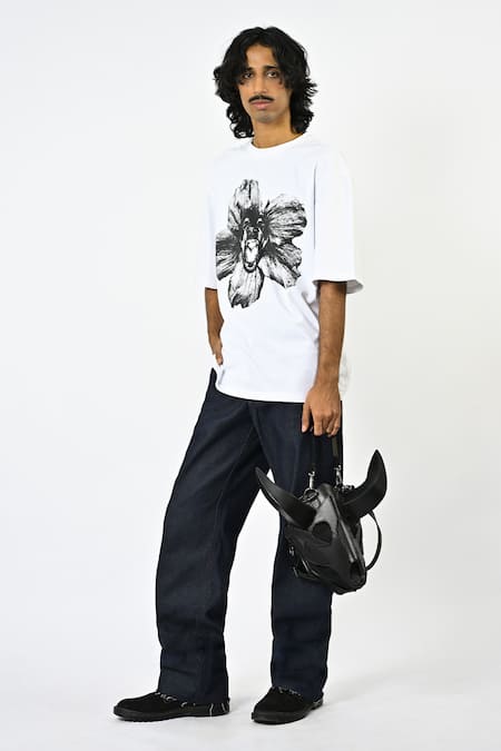 Buy_Huemn_White Cotton, Jersey Canine Floral Print T-shirt _Online_at_Aza_Fashions