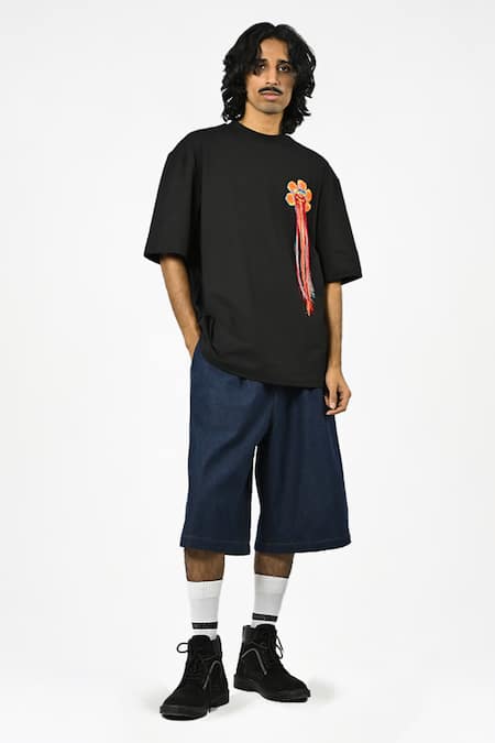 Huemn_Black Cotton, Jersey Embroidery Hand Floral T-shirt _Online_at_Aza_Fashions