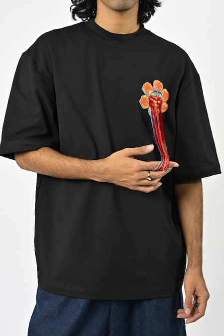 Shop_Huemn_Black Cotton, Jersey Embroidery Hand Floral T-shirt _Online_at_Aza_Fashions