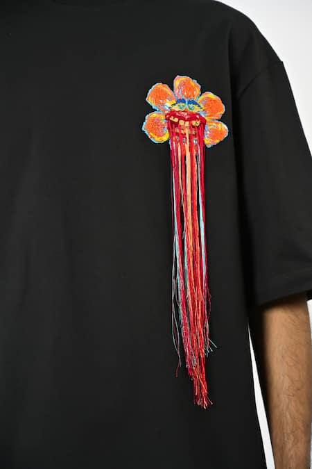 Huemn_Black Cotton, Jersey Embroidery Hand Floral T-shirt _at_Aza_Fashions