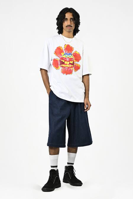 Huemn_White Cotton, Jersey Bright Orange Expressions T-shirt _Online_at_Aza_Fashions