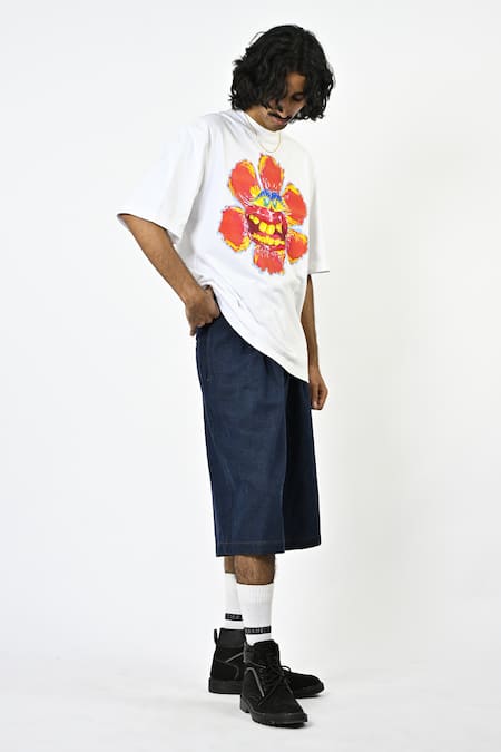 Buy_Huemn_White Cotton, Jersey Bright Orange Expressions T-shirt _Online_at_Aza_Fashions