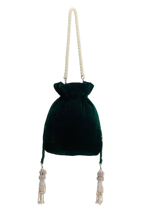 Shop Nazaakat By Samara Singh Green Embroidery, Zari, Tassels, Beads Maharani Hand Potli Bag at Aza Fashions Shop_Nazaakat By Samara Singh_Green Embroidery, Zari, Tassels, Beads Maharani Hand Potli Bag _at_Aza_Fashions