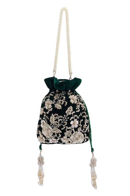 Nazaakat By Samara Singh Green Embroidery, Zari, Tassels, Beads Maharani Hand Potli Bag Online at Aza Fashions Nazaakat By Samara Singh_Green Embroidery, Zari, Tassels, Beads Maharani Hand Potli Bag _Online_at_Aza_Fashions
