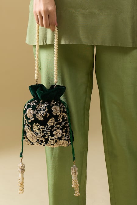 Nazaakat By Samara Singh Green Embroidery, Zari, Tassels, Beads Maharani Hand Potli Bag