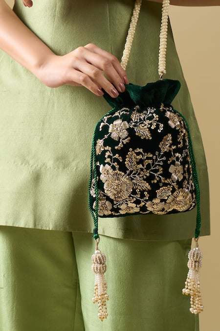Shop Nazaakat By Samara Singh Green Embroidery, Zari, Tassels, Beads Maharani Hand Potli Bag Online at Aza Fashions Shop_Nazaakat By Samara Singh_Green Embroidery, Zari, Tassels, Beads Maharani Hand Potli Bag _Online_at_Aza_Fashions
