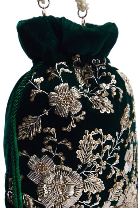 Nazaakat By Samara Singh Green Embroidery, Zari, Tassels, Beads Maharani Hand Potli Bag at Aza Fashions Nazaakat By Samara Singh_Green Embroidery, Zari, Tassels, Beads Maharani Hand Potli Bag _at_Aza_Fashions