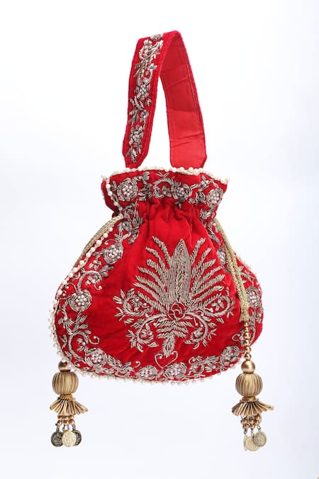 Buy_Nazaakat By Samara Singh_Red Embroidery, Zari, Pearls, Tassels Raas Velvet Silk Potli Bag _Online_at_Aza_Fashions