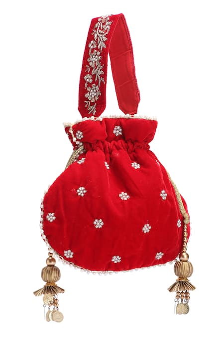 Nazaakat By Samara Singh Raas Velvet Silk Zari Embroidered Potli Bag 
