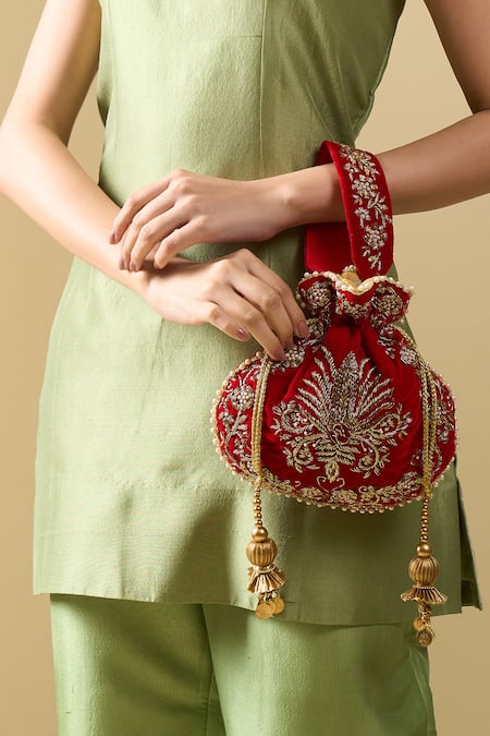 Shop_Nazaakat By Samara Singh_Red Embroidery, Zari, Pearls, Tassels Raas Velvet Silk Potli Bag _Online_at_Aza_Fashions